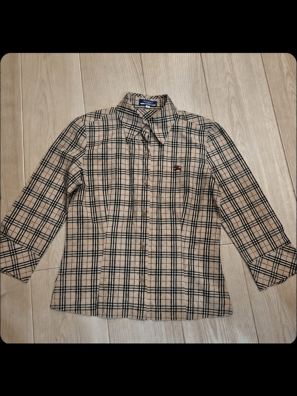 Burberry Long Sleeve Plaid Button-Down Shirt in Beige and Black